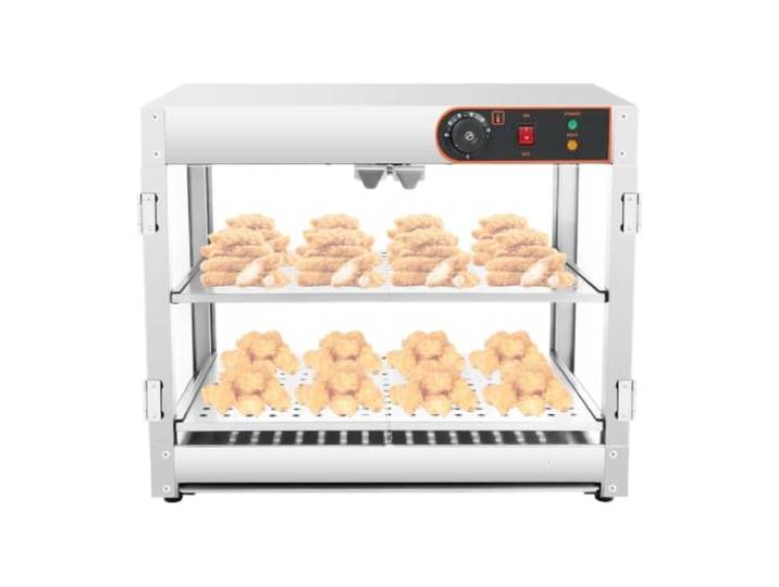 Beheizte Vitrine mit 2 Ebenen 800W Sicherheitsglas Edelstahl, gehärtetes Glas, Innenbeleuchtung, 30-85 Grad Celsius, 2 Ebenen, Tischmodell