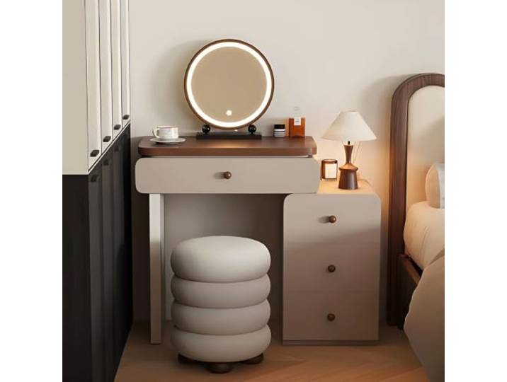 Schminktisch mit Spiegel und Hocker im Massivholzstil Schlafzimmer-Waschtischset, ideal for Frauen, einfach zu montieren, mit mehreren Schubladen(Khaki,(24x16x30in))