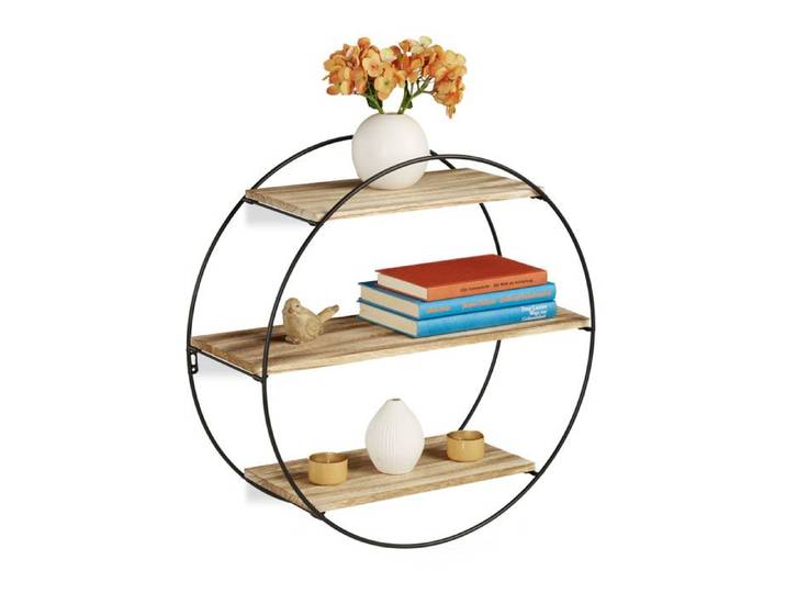 Relaxdays Étagère Murale ronde 3 Tablettes Mur 3 étages déco Bois métal hexagonale vintage Ø 50 cm noir/nature