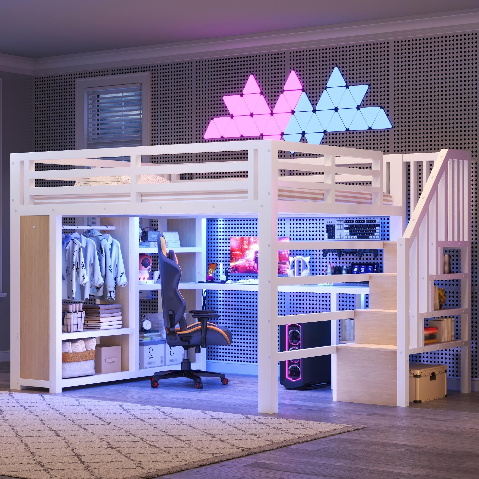 Merax Gaming Hochbett 140x200 cm, Metall Etagenbett Mit Schreibtisch, LED Beleuchtung, USB, Kleiderschrank, Lageraufzug, Kinderbett, Weiß