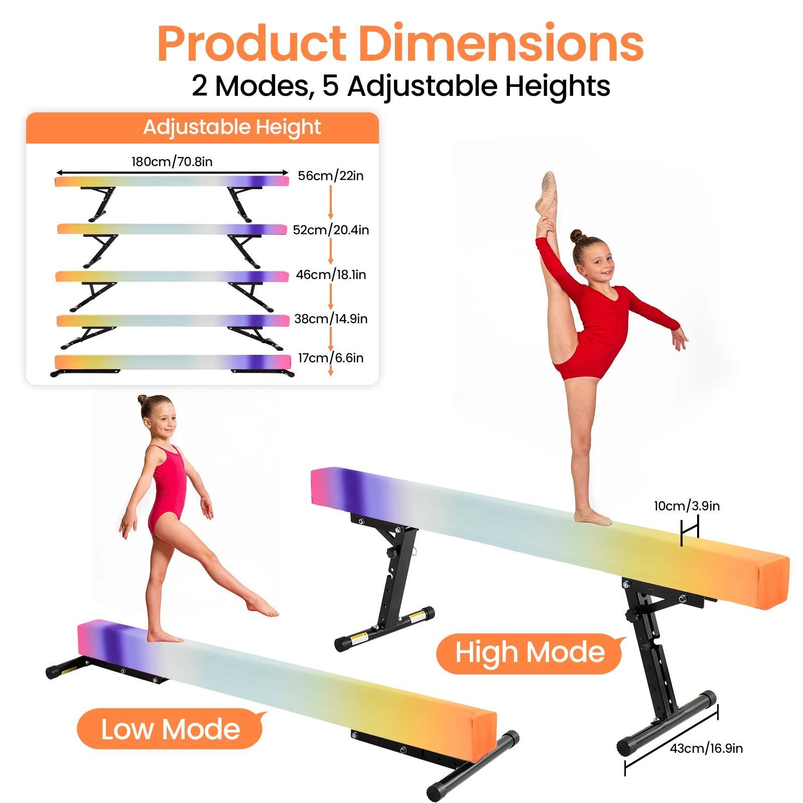 Turnbalken für Kinder - Gymnastik Bodenbalken - 5-fach höhenverstellbar - ca. 180 cm - bis 50 kg - ab 3 Jahren - Mehrfarbig