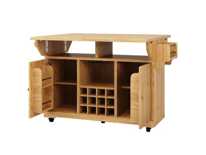 Oxeza Kücheninsel 142.8/40/95 cm Naturholz mit Stauraum, verstellbaren Böden und Weinflaschenhalter, Eichefarben, Holz, Rechteckig, 80x95x142.5 cm, Küchen, Küchenmöbel, Kücheninseln