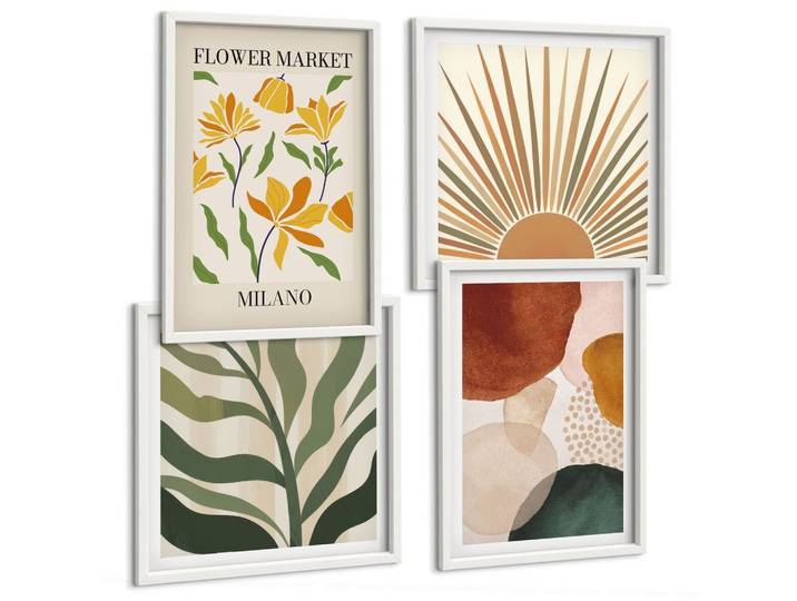 BILDER SET 4er Set - 50x50 cm & 40x60 cm Weißer Rahmen - Abstrakte Blumenmotive