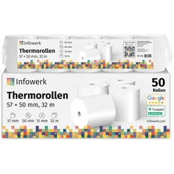 Infowerk Thermorollen / Kassenrollen, 50 Rollen, 57mm x 50mm x 12mm, 32m, PEFC zertifiziert, Für EPSON, IBM, u.v.m.
