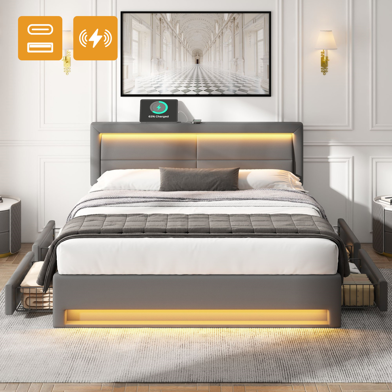 STILVORA Gestoffeerd eenpersoonsbed met USB-oplaadpoort, LED-verlichting en lades, grijs, 140 x 200 cm