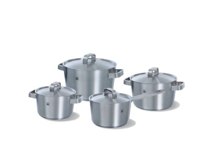 BK Conical+ Gebürstetes 4-teiliges Kochgeschirr-Set aus Edelstahl mit Deckeln, induktionsgeeignet, backofen- und bratfest bis 230C, spülmaschinenfest, Stay-Cool-Griffe, PFAS-frei, Silber