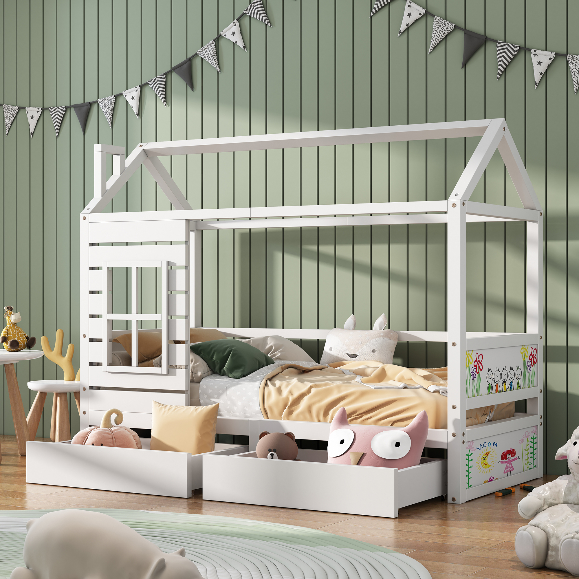 Kinderbett mit 2 Schubladen und Lattenrost, 90x200 cm, Hausbett inkl. Rausfallschutz, Holzbett aus Kieferholz, Einzelbett