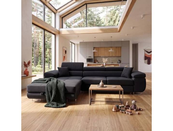Muffo Ecksofa mit Schlaffunktion und Bettkasten Links Graphit freistehendes Sofa, ausziehbar, Sofa mit Stauraum, Ecksofa, verstellbare Kopfstützen, Velvet-Stoff