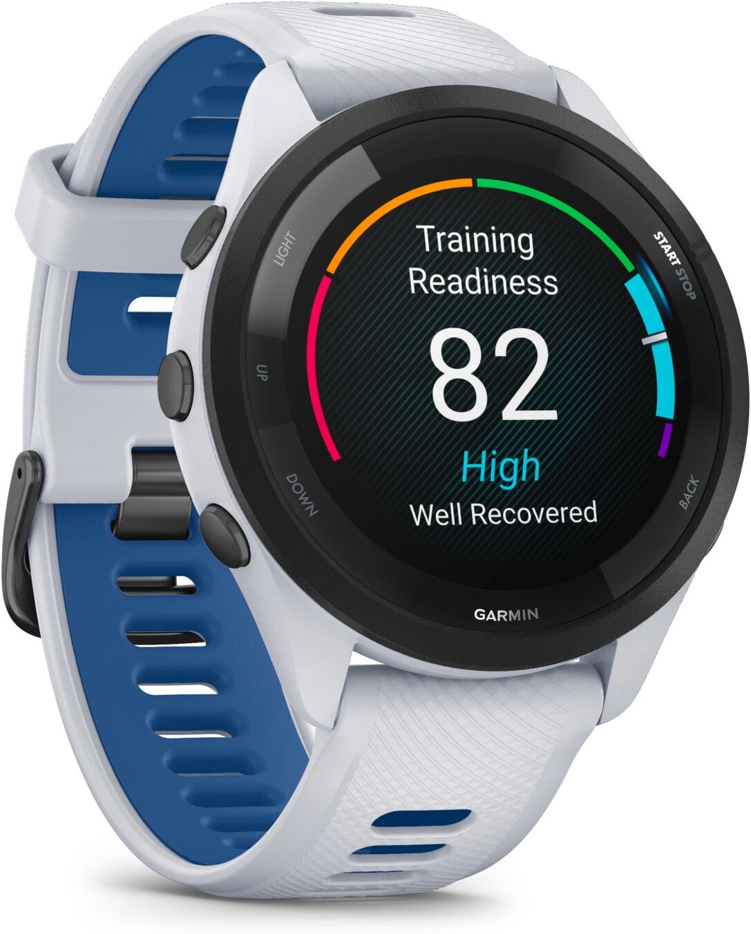 Garmin "Forerunner 265"(32,5/ 1,3 ″) blau, weiß 32,5mm,mit Silikon-Armband 22mm