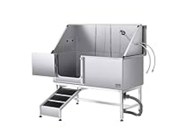 VEVOR Baignoire de Chien Acier Inoxydable, Baignoire de Toilettage pour Animaux de Compagnie 150 cm Station de Lavage Chat, avec Rampe, Panneau Filtre à Eau, Robinet, Pommeau de Douche, Porte Gauche