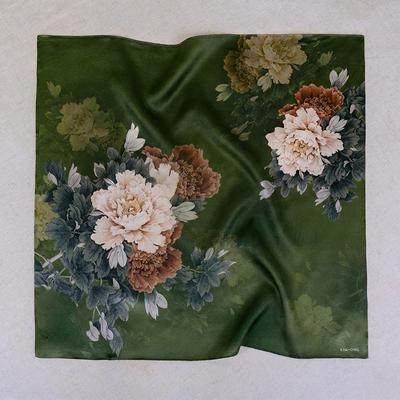 KIM + ONO "Keina Washable Silk Floral Peony Kerchief Scarf - olive / 26"" square"