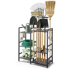 VEVOR Gartengeräte Ständer 740x300x805mm 3-Stöckiger Gerätehalter Schwarz, Aufbewahrungsregal für Garage Schuppen Garten & Outdoor, Organizer aus Stahl mit 3 Ablagefächern 6 Haken & Nivellierfüßen