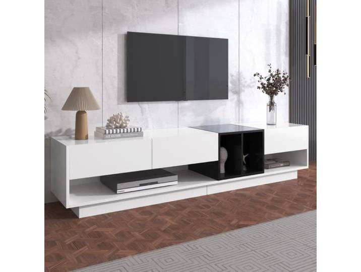 Meuble TV ModernLuxe 190cm - 3 tiroirs et 2 compartiments - Style contemporain - blanc brillant & noir