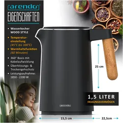 Arendo Edelstahl Wasserkocher 1,5 L, 2200 W, Temperatureinstellung 45°C-100°C, Warmhaltefunktion, Schwarz, Wasserkocher, Schwarz, Braun