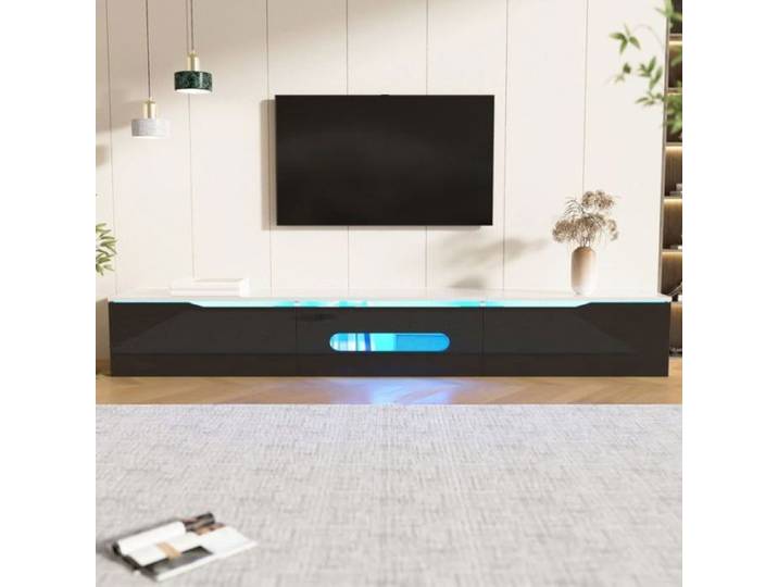 Armoire TV noire et blanche 180 cm de long surface brillante avec éclairage LED 16 couleurs 50-59 pouces Meuble TV mon MEUBLE TV