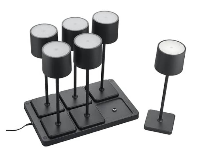 Reality Leuchten R5409662 Fernandez R5409662 Lot de 6 lampes de table à piles avec 6 stations de charge en métal/plastique noir mat 1\,5 W