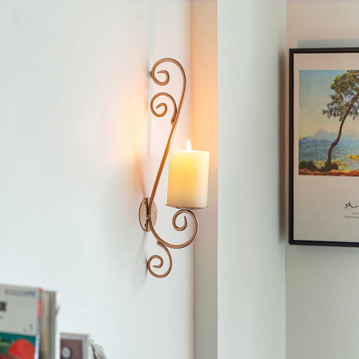 Set van 2 decoratieve wandkandelaars voor pilaar- en theelichtkaarsen, modern design, rose gold metaal