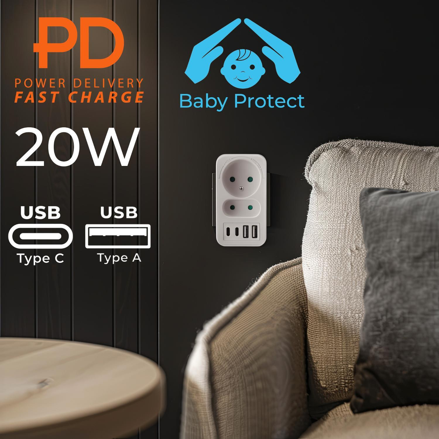 Maclean MCE249 F/W Stekkerdoos met 2 stopcontacten en 4 USB-poorten (2x USB-A en 2x USB-C PD 20W)