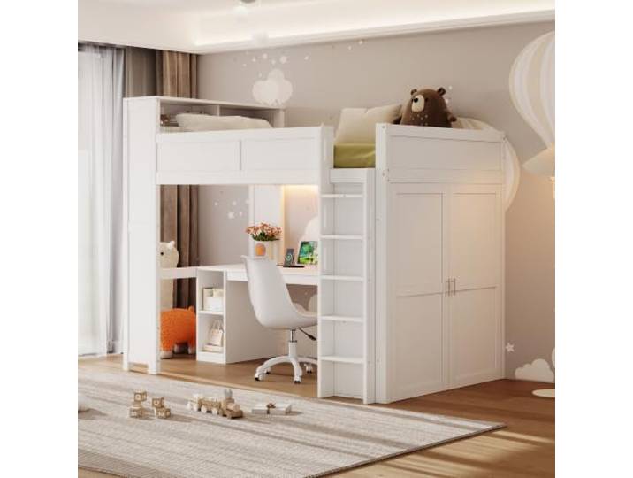 BXEYXE 90x200 Hochbett mit Schreibtisch, Staufächern, Kleiderschrank, USB-Anschluss und LED-Beleuchtung, weiß.