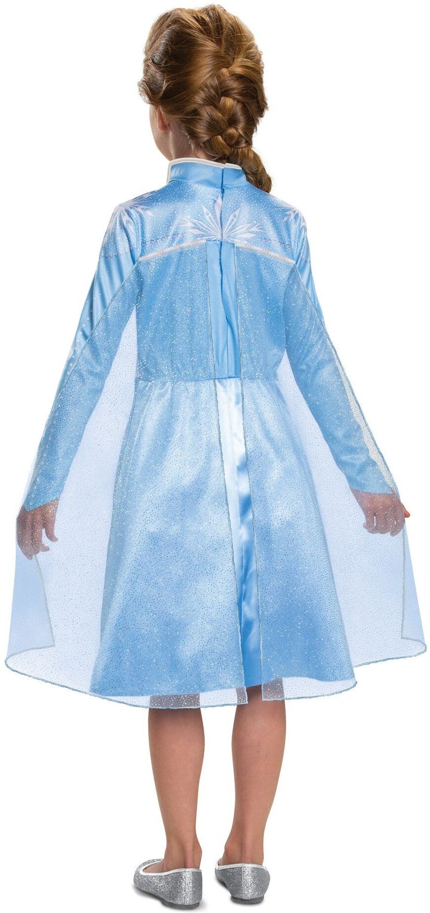 Disney Frozen 2 Elsa Travelling Classic Costume Dress with Cape for 7-8 Years, Blue Satin-Style Dress with Sublimated Artwork, Disguise Brand