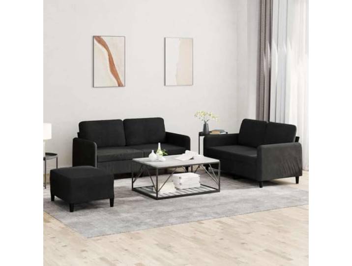 HEFZGDB 3-TLG. Sofagarnitur Schwarz Samt mit Hocker, Robuste Konstruktion aus Sperrholz und Metall, Bequeme Polsterung für Entspannung, Vielseitiges Wohnzimmer Möbelstück, Stabiles