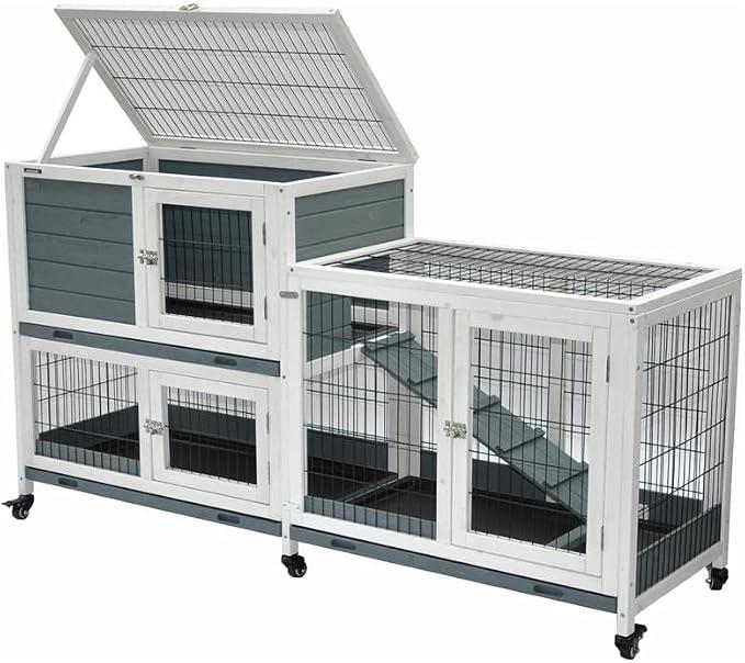 Silecomplaza Kleintierstall Nagerstall Indoor Kaninchenstall Hasenstall Meerschweinchen 146 x 89 cm - 6 x praktische Rollfüße - grau-weiß