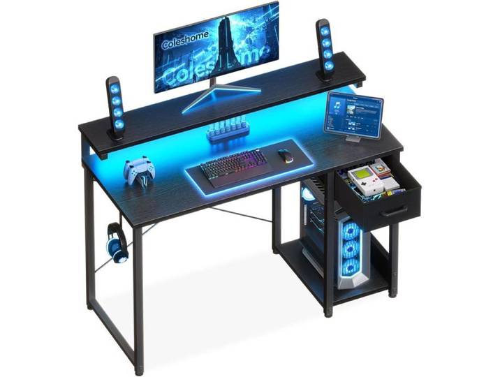 Bureau de jeu noir - - 100 x 45 cm - Éclairage RGB personnalisable - Tiroir en tissu