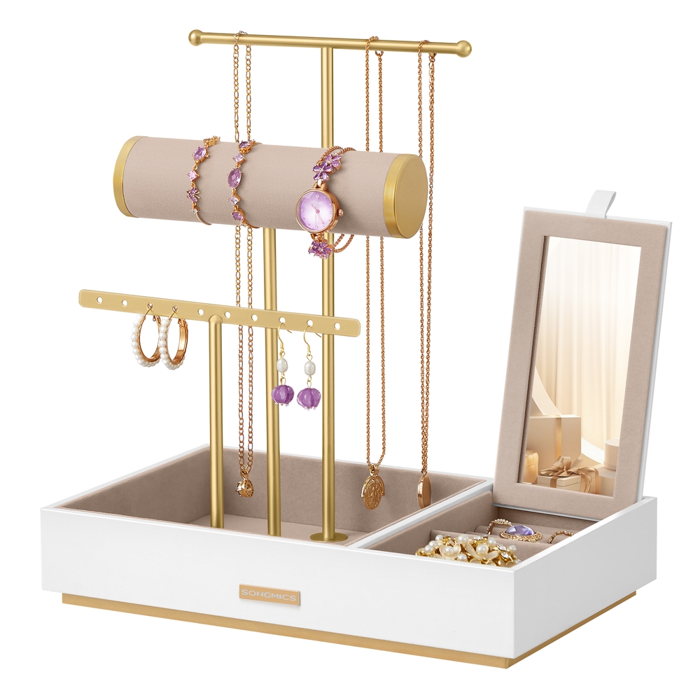SONGMICS Schmuckständer mit Spiegel Geschenkidee goldfarben-weiß JJS022W01