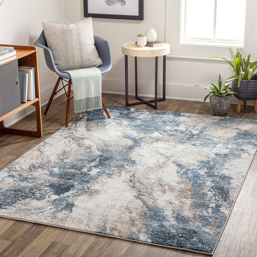 East Urban Home Allegro-Abstract Modern Marble Look Living Dining Bedroom Rug Ivory, Sky Blue, Medium Gray, Tan, Light Gray Rectangle 160 x 213 cm