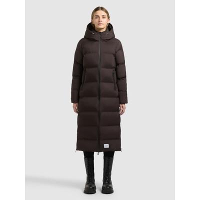 Steppmantel KHUJO "LAREA5", Damen, Gr. XS, braun (chocolate chip), Web, 100% Nylon, unifarben, regular fit wadenlang, eingesetzt elastischer Bund mit Windstopper, Mäntel Steppmantel