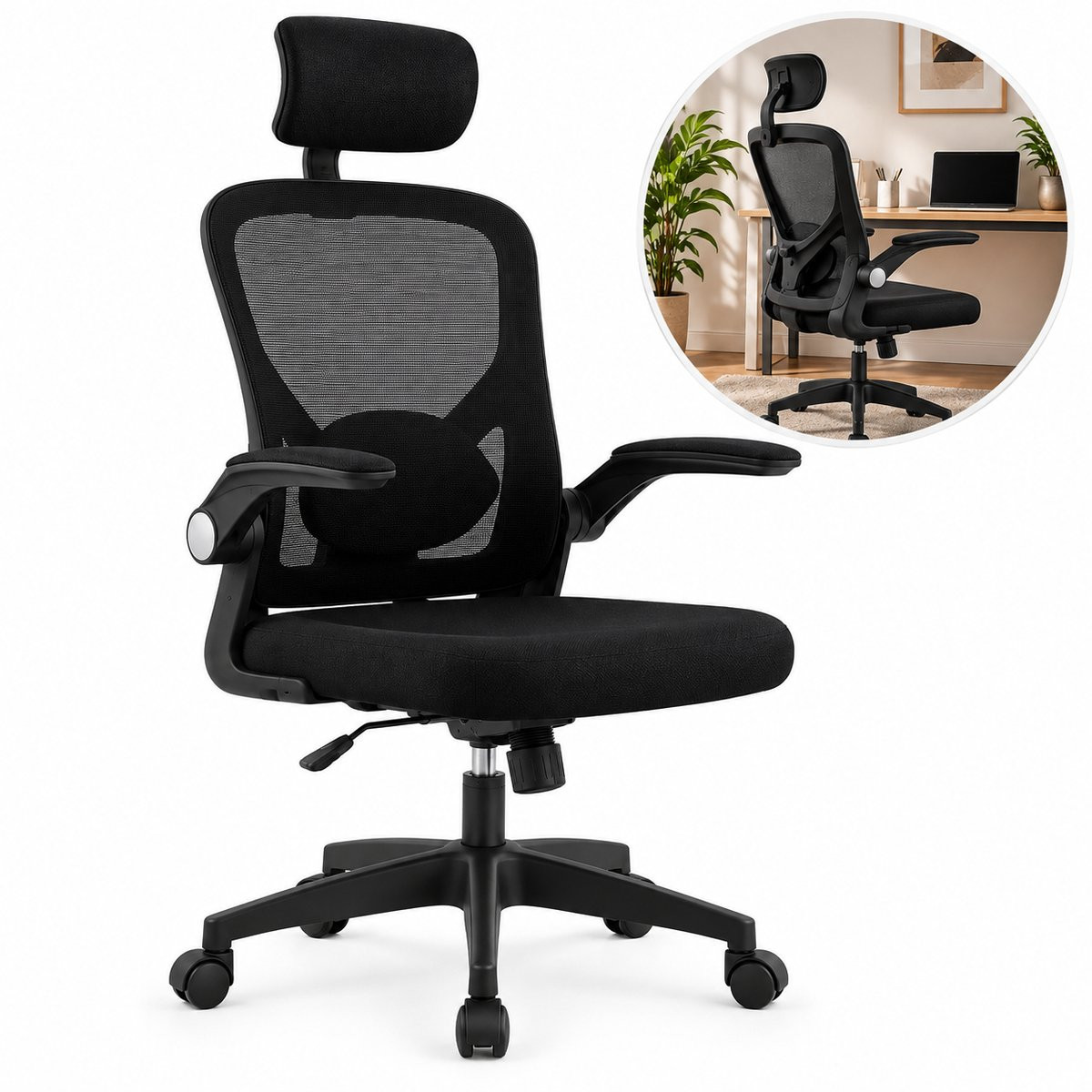 Ergonomische zwarte gamestoel voor volwassenen met armleuningen