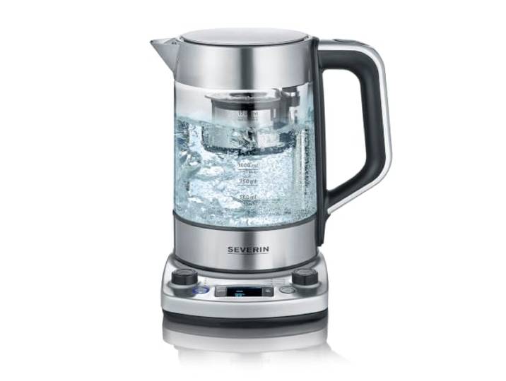 SEVERIN Tea Maker mit Auto-Liftfunktion, Wasserkocher mit Temperatureinstellung und Quick-Boil-Funktion, Glas Wasserkocher für bis zu 1,7 l Wasser oder 1 l Tee, Edelstahl gebürstet/schwarz, WK 3422
