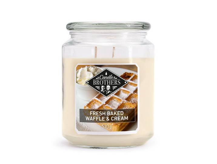 Duftkerze Mehrfarbig Fresh Baked Waffle & Cream 100 h, Creme, Naturmaterialien, Glas, Textil, 14.5 cm, Dekoration, Kerzen & Kerzenhalter, Duftkerzen