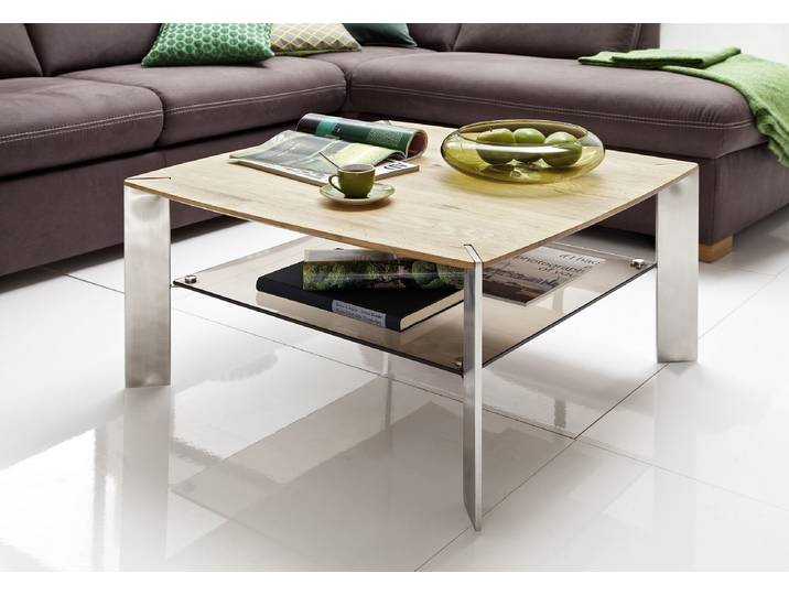 Couchtisch Nelia , Asteiche massiv , mit Glasablage , 80x80 , Eiche