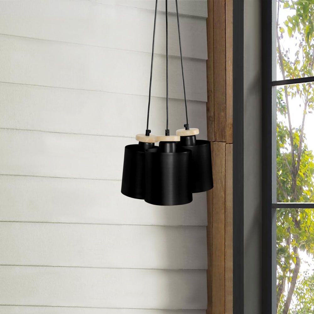 Tosel Lustre grappe bois naturel métal noir abatjour noir Noir 30x90x30cm