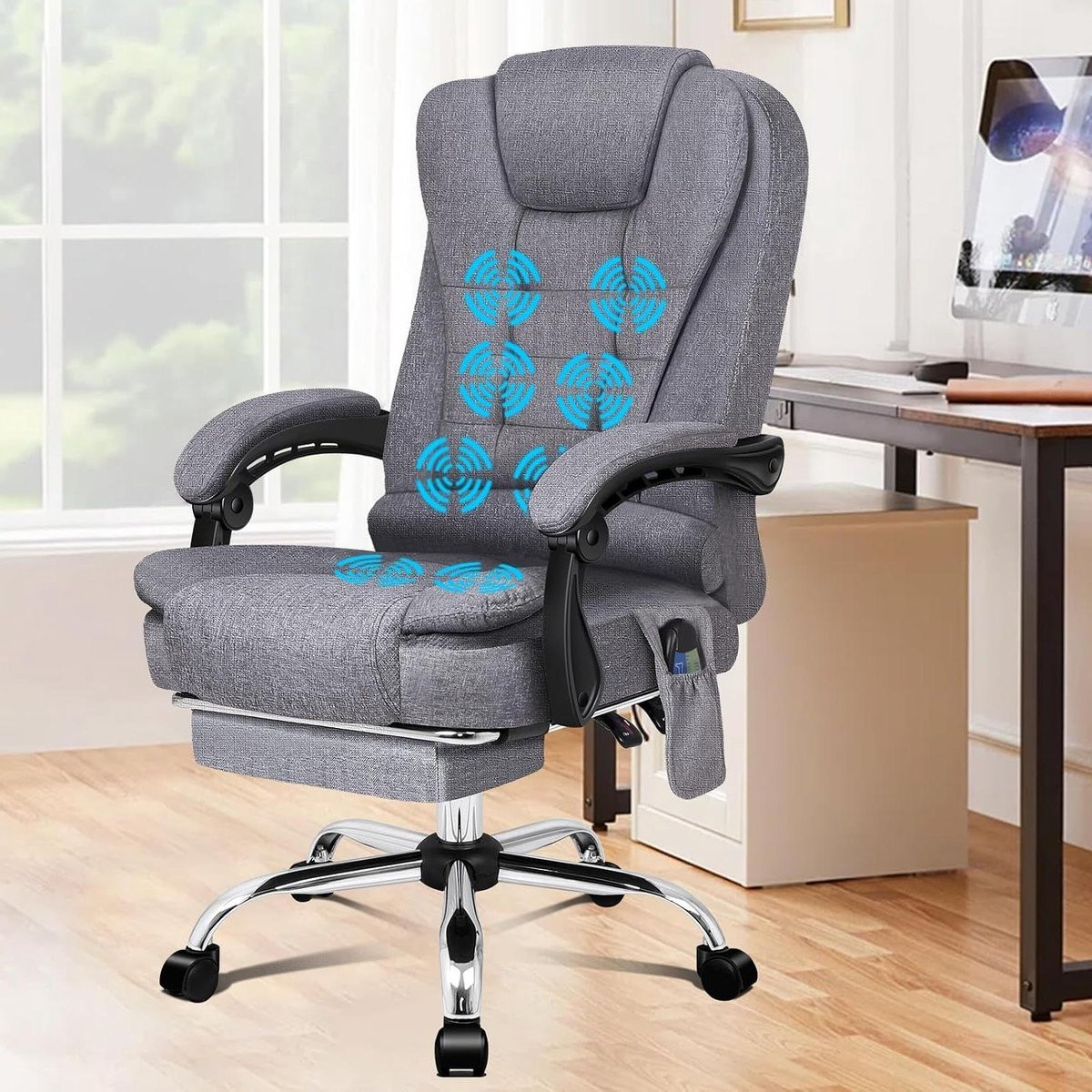 Ergonomische bureaustoel met massagefunctie in grijs linnen