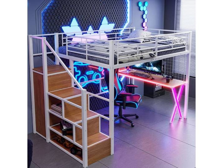 Lit mezzanine - GUTENT - 140x200cm - Bureau intégré - Éclairage LED - Échelle de rangement