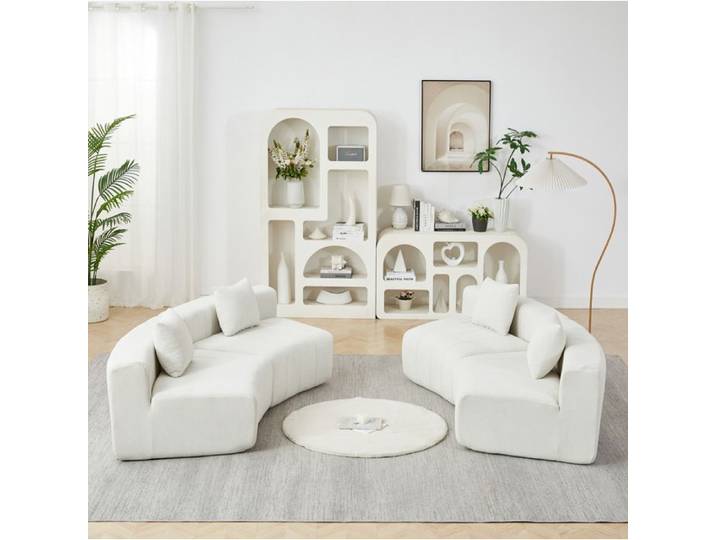 ULEVR Canapé modulable courbé en chenille beige 4 places avec 2 coussins sans montage