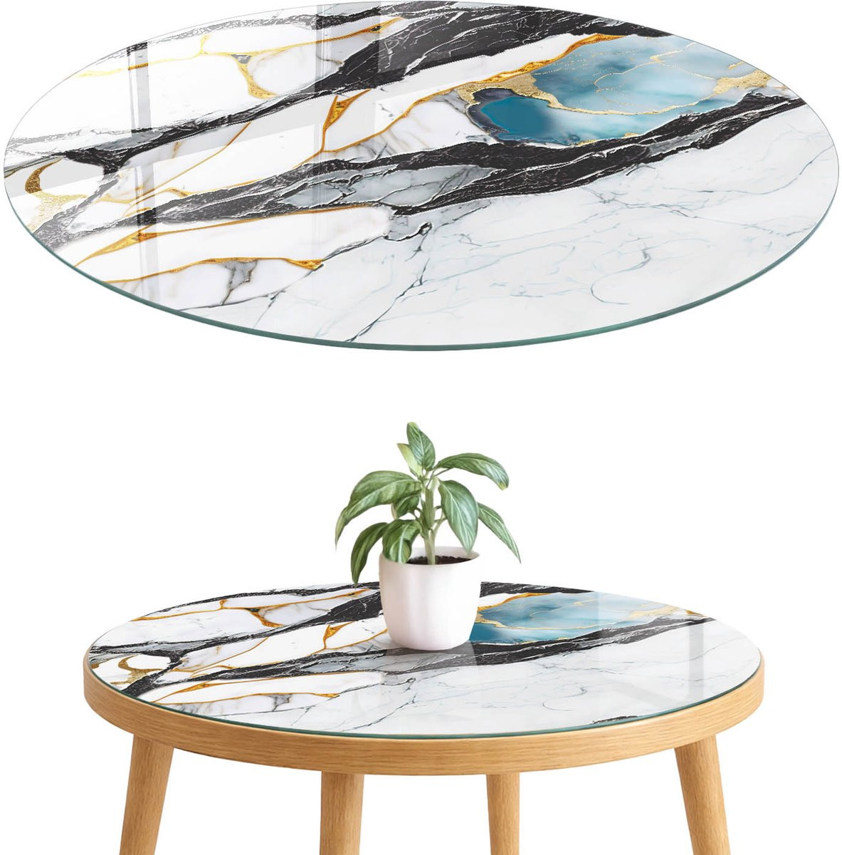 ArtPrintCave Luxe Marmer Glazen Tafelblad Rond - Zwart - Diameter: 50 cm