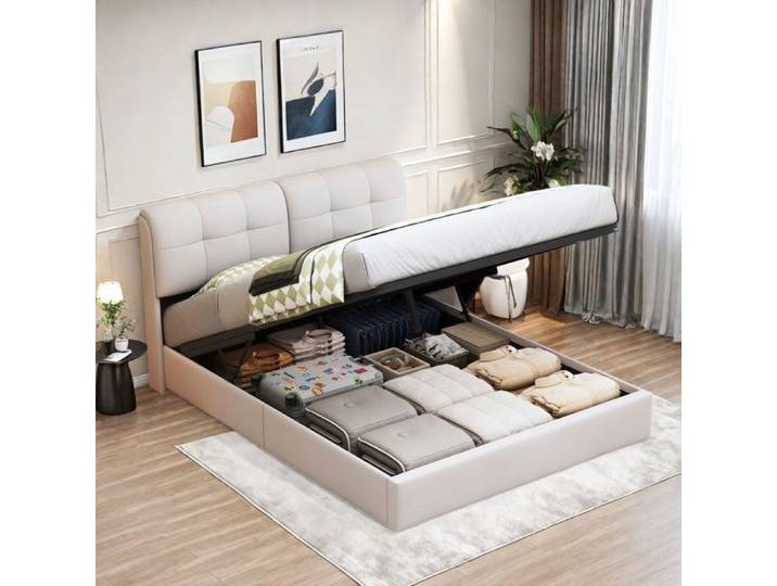 Lit coffre 160×200 cm avec bande lumineuse LED dossier rembourré tige à gaz lit double lit adulte flanelle blanc cassé