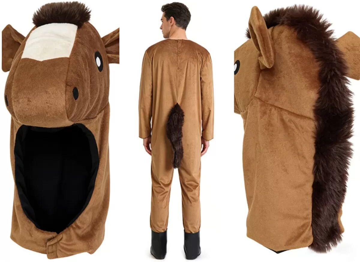 INF Erwachsener Pferd Cosplay Onesie Overall mit Kapuze und Fußteil – auffälliges Ganzkörper-Kostüm für Bühne & Party