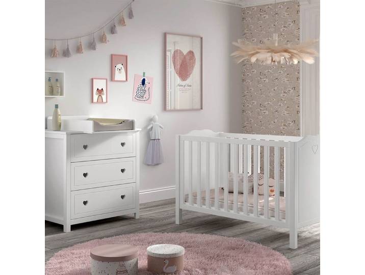 MILADY - Ensemble Lit bébé 60x120cm avec Commode et Plan à langer laqué Blanc