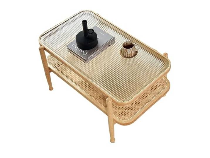 ksjdieunf Couchtisch Holz-Rattan-Couchtisch, doppellagiger Teetisch, modern, schlicht, for Zuhause, Wohnzimmer, Glastischplatte, Kleiner Tische for Wohnzimmer(B)