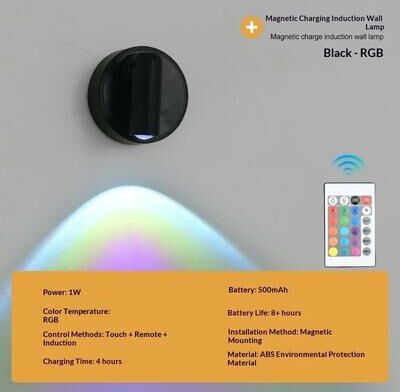 Uplift Picks Magnetic Rechargeable Reading Light No Drill Dimmable Wall Spotlight black Rgb + Remote