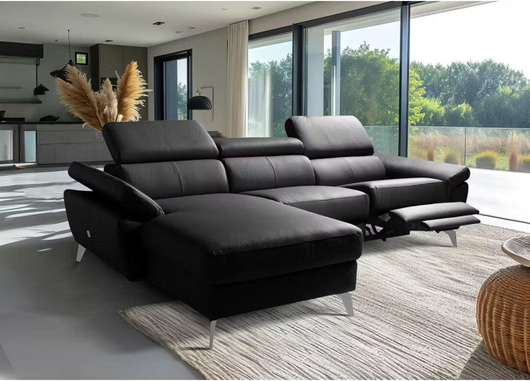 Ivy Bronx Milton Keynes Italian Leather Electric Reclining Corner Sofa with Adjustable Headrests and Adjustable Armrests Black 97cm H X 252cm W X 179cm D
