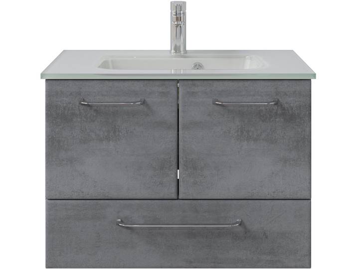 Badmöbel-Set SAPHIR Quickset 945 Glas-Waschtisch mit Unterschrank, 74 cm breit, Waschplatz , grau (oxid dunkelgrau quer), Kastenmöbel-Sets, Badmöbel-Set, 2 Türen, 1 Schublade, inkl. Türdämpfer, Waschtisch Set mit Waschbecken