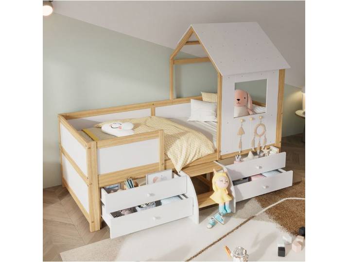 WUVRIE Lit mi-hauteur enfant cabane 90 x 200 cm avec 4 tiroirs petite marche blanc et naturel