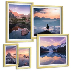 BILDER SET 5er Set - 50x50 cm & 20x30 cm & 40x60 cm Goldrahmen - Landschaften Berge Seen jelen