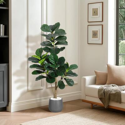 YUN Artificial Fiddle Leaf Fig Tree with 48 Leaves in White Planter Pot, Faux Ficus Lyrata Plant for Home or Office Decor