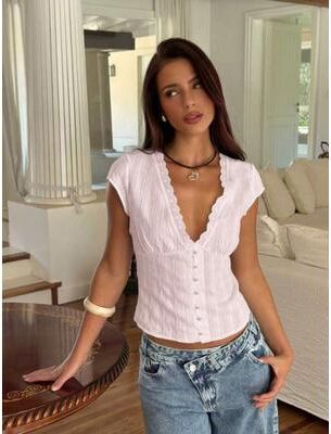 Lush Living Finds Elegant Lace V Neck Crop Blouse For Women Summer Button Front Top c xs
